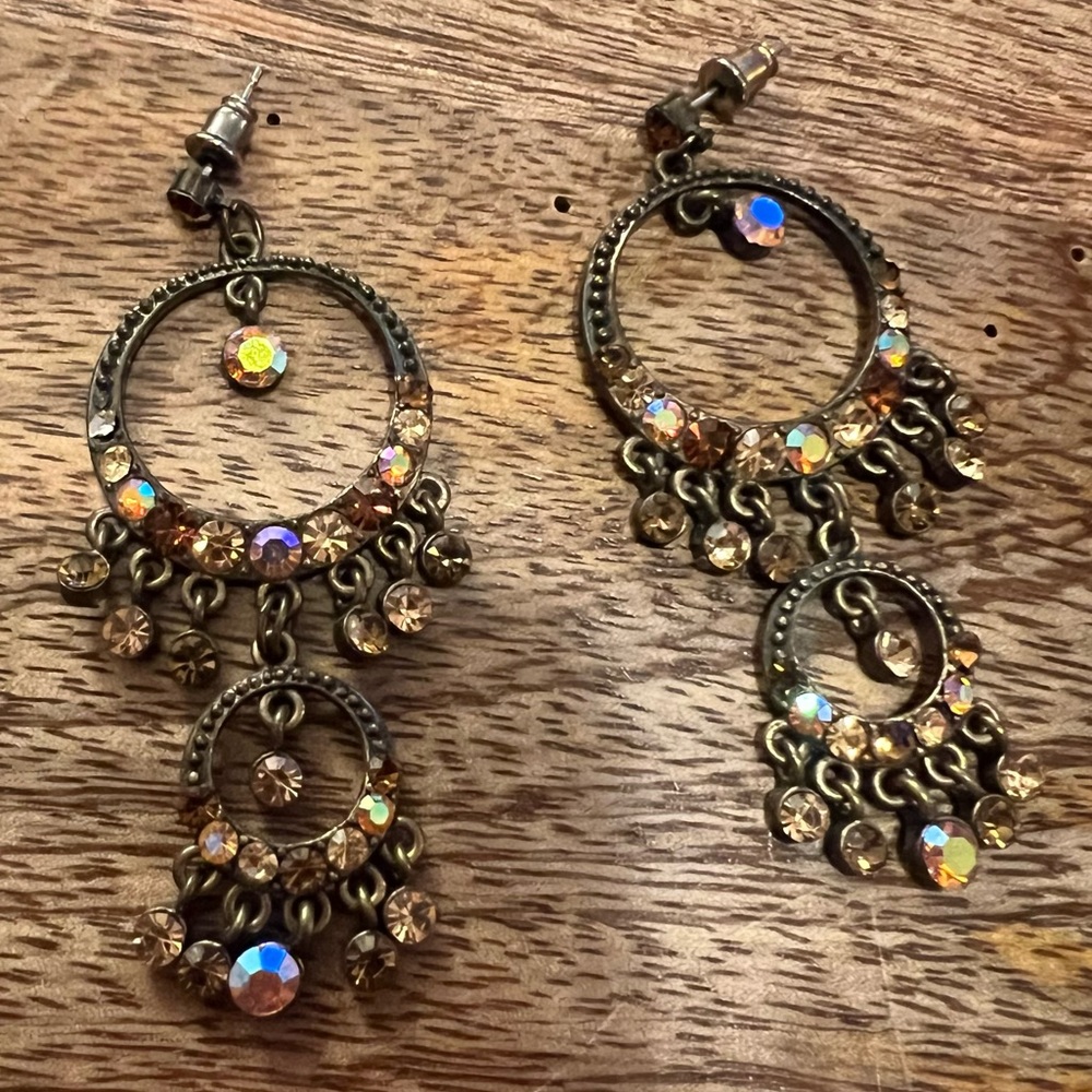 Bronze Boho Crystal Rhinestone Chandelier Drop Earrings - Picture 9 of 15